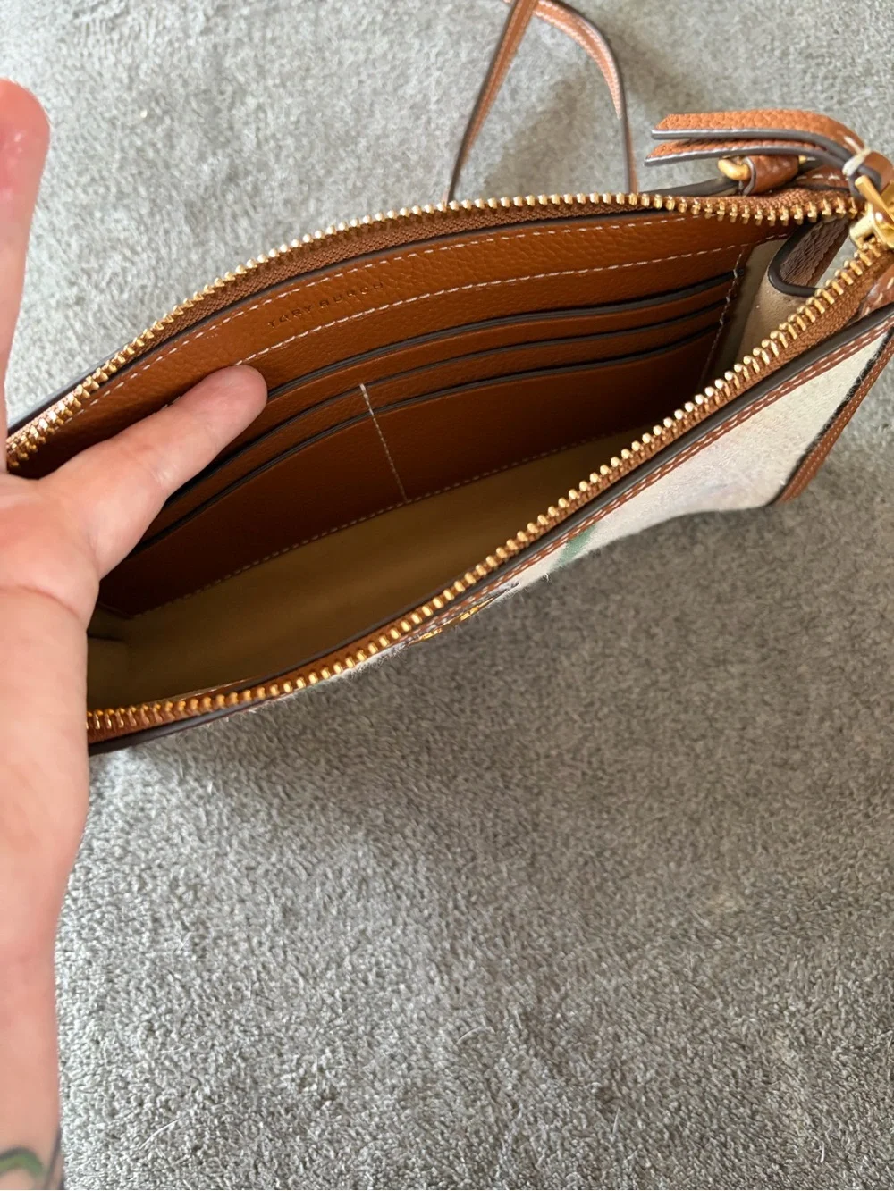Tory Burch Cream Canvas Crossbody with Brown Trim and Green/Blue Stripes